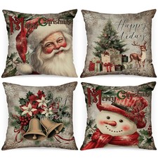 Vintage 18x18 Christmas Throw Pillow Covers Set of 4, Xmas Decoration Cushion...