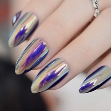 24 Medium Press on Nails kit glue on oil slick chrome purple almond