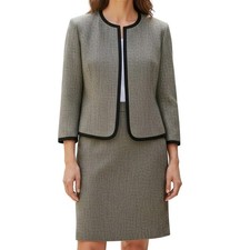 Kasper Tweed Skirt Suit Set Size 8 Black Tan Open Blazer 3/4 Sleeve Back Zip