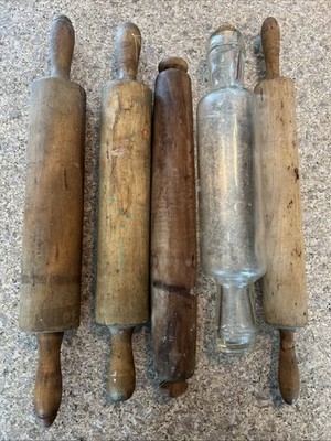 Lot of 5 Vintage Rolling Pins Wood & Glass Rustic Farmhouse Kitchen Decor