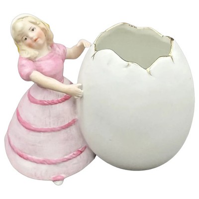 Rare Heubach Figurine, Easter Girl Standing by Eggshell container, 5.5'' L