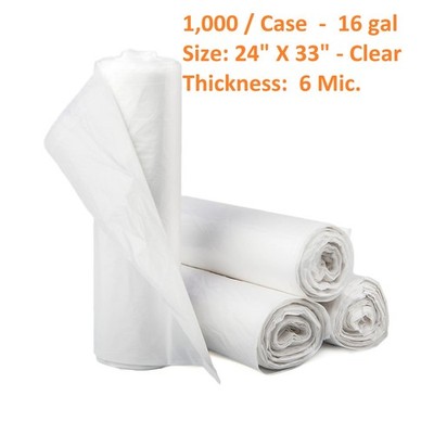13 - 16 Gallon Trash Bags, Garbage Bags Trash Can Liners, 6 Mic. 24'' X 33'' Clear