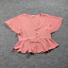 Topshop Peplum Blouse Womens 6 Pink Button Front Flutter Sleeve Casual Top