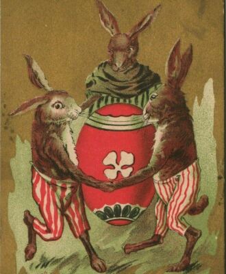 Anthropomorphic Rabbits Easter Bunny Egg Dancing Whimsical Animal Postcard