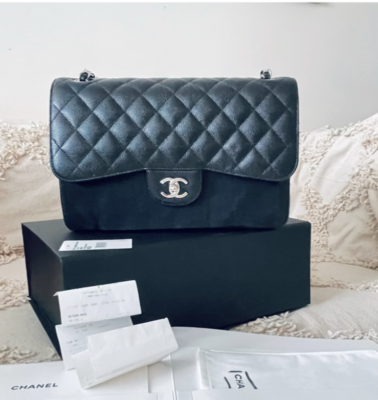 AUTHENTIC CHANEL CLASSIC JUMBO DOUBLE FLAP BAG CAVIAR BLACK