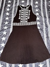 Xhilaration Women Size L Brown Cream Embroidered Fit Flare Empire Casual Dress 