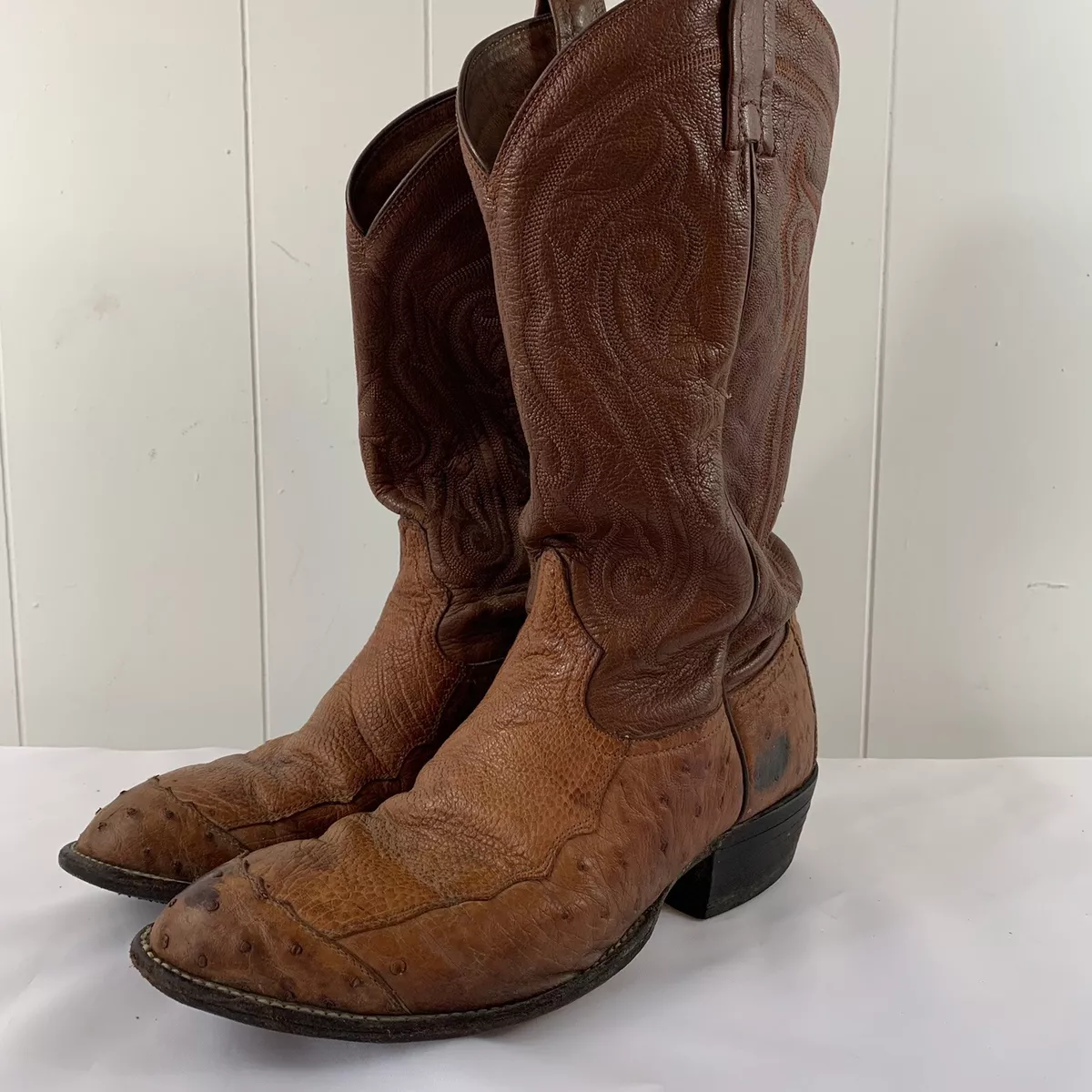Tony Lama Ostrich Cowboy Boots Mens 9D Brown Brandy Smooth Exotic Western
