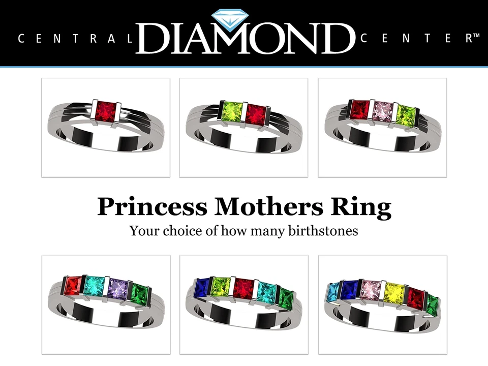 Anillo Princesa Madres con 1 a 6 Piedras Natales Simuladas en Plata, Oro 10k-14k Foto 2 de 4