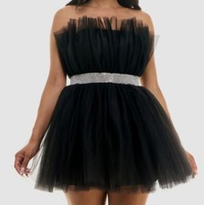 B Darlin Juniors' Women Black Strapless Embellished-Waist Tulle Dress Size 13/14