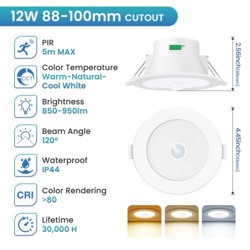 12W PIR Motion Sensor LED Recessed Ceiling Lights Tri-Color Round Night Light UK - Picture 2 of 15