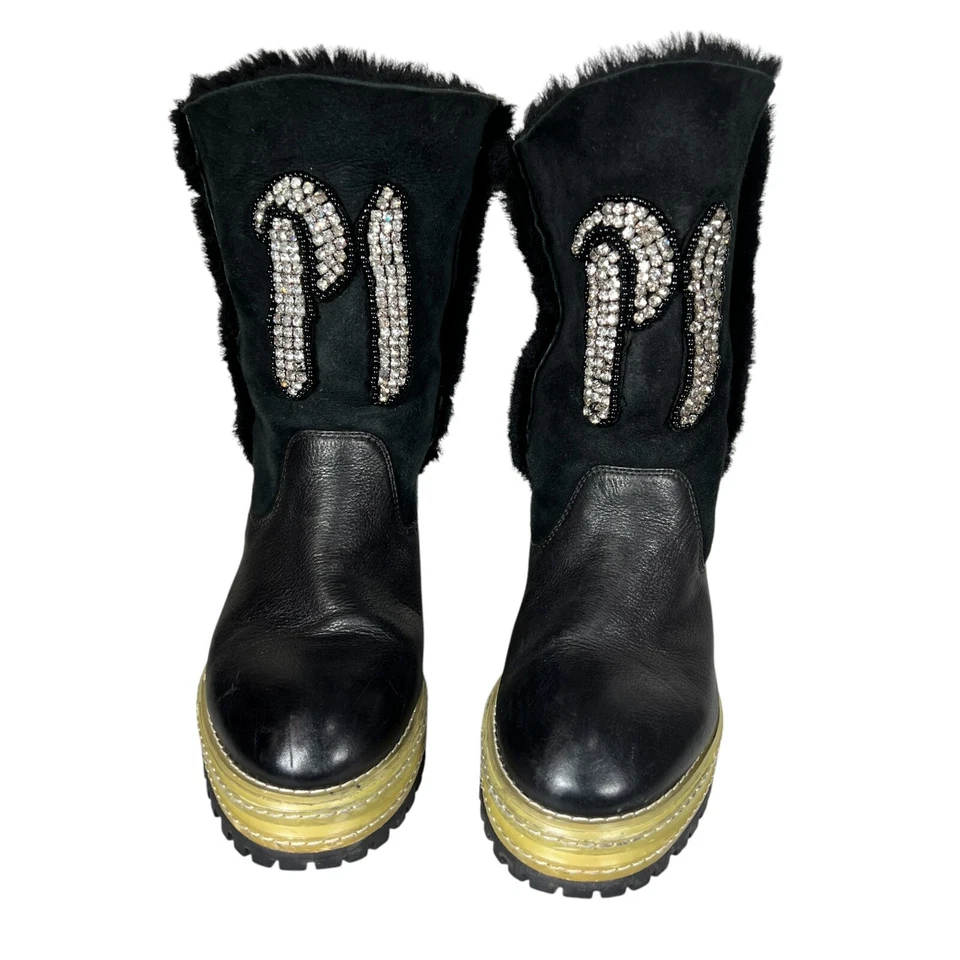 P1 Womens Black Leather Shearling Lining Lug Sole Mid Calf Boots Sz EU38 RARE - Image 2 of 4