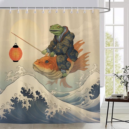 Funny Shower Curtain Frogs Holding Lantern Sitting on Koi Fish Big Waves Japa... - Picture 3 of 7