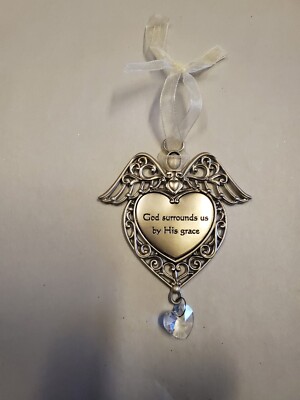 Pewter Heart With Angel Wings ''God Surround Us By His Grace'' Christmas Tree...