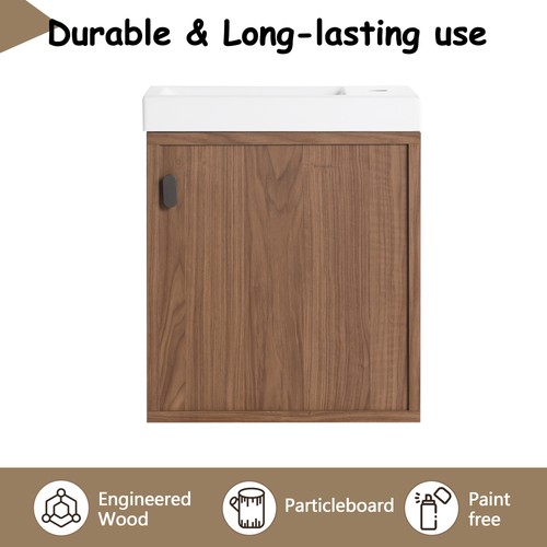 18.5" Walnut Wall Mounted Floating Bathroom Vanity W/ Door Storage W/ Resin Sink - Picture 10 of 24