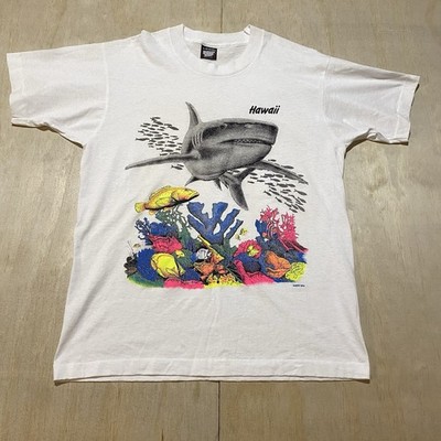 Vintage White Hawaii Shark Shirt Size Large Ocean Marine Animal Fish USA