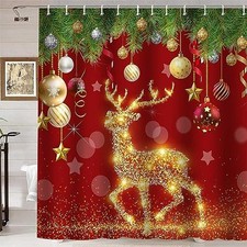 Shower Curtain, Silver Glitter Christmas Ball Pine Tree Gold Glitter Deer