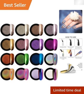 Luxury Chrome Nail Powder Kit with Holographic Effects - 1g/Jar, 16 Pieces