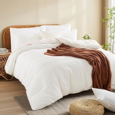 Organic Cotton Duvet Cover Queen Size, Linen Like Pleated Textured White Duvet