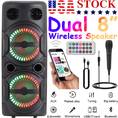 Dual 8'' Bluetooth Speaker Portable Karaoke Woofer Heavy Bass Stereo Sound w/ Mic
