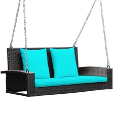 Costway 2-Person Patio Rattan Hanging Porch Swing Bench Chair Cushion Turquoise