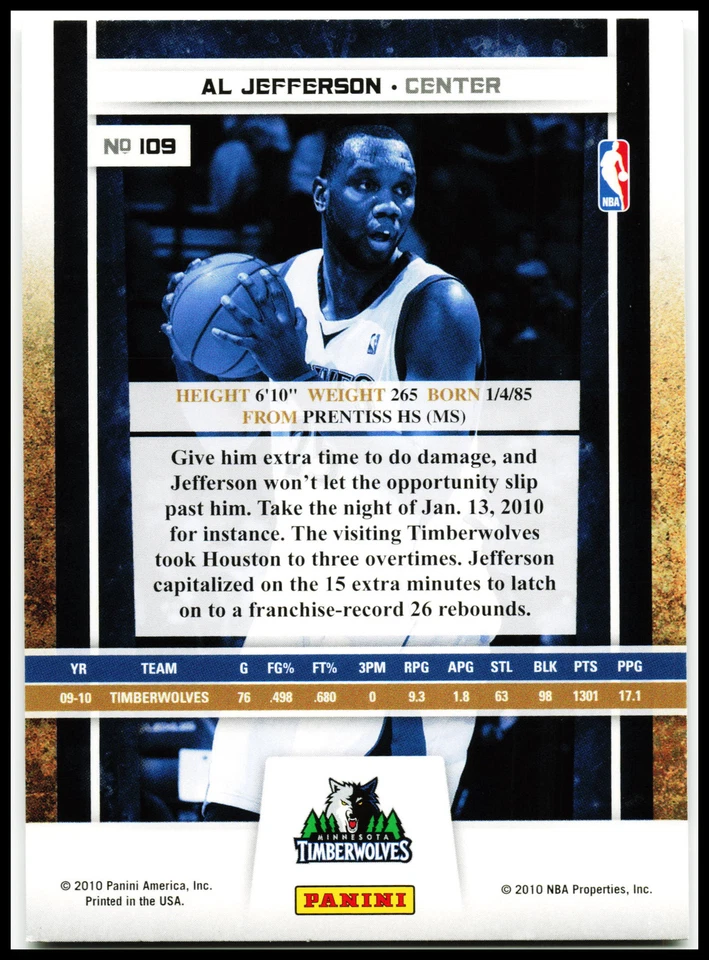 Al Jefferson #109 2009-10 Panini Season Update Base Timberwolves C0125A - image 2 of 2