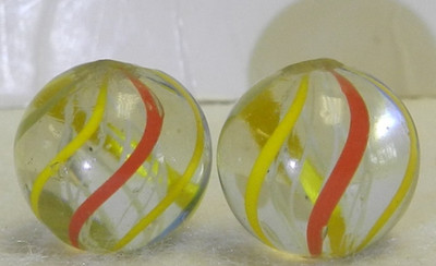 #20953m Nice Pair of Vintage German Handmade Same Cane Latticino Swirl Marbles