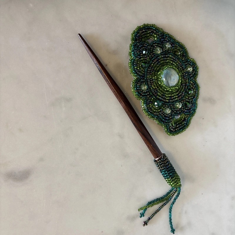 Handmade Green Seed Bead Hair Pin Clip Barrette Bun Wrap