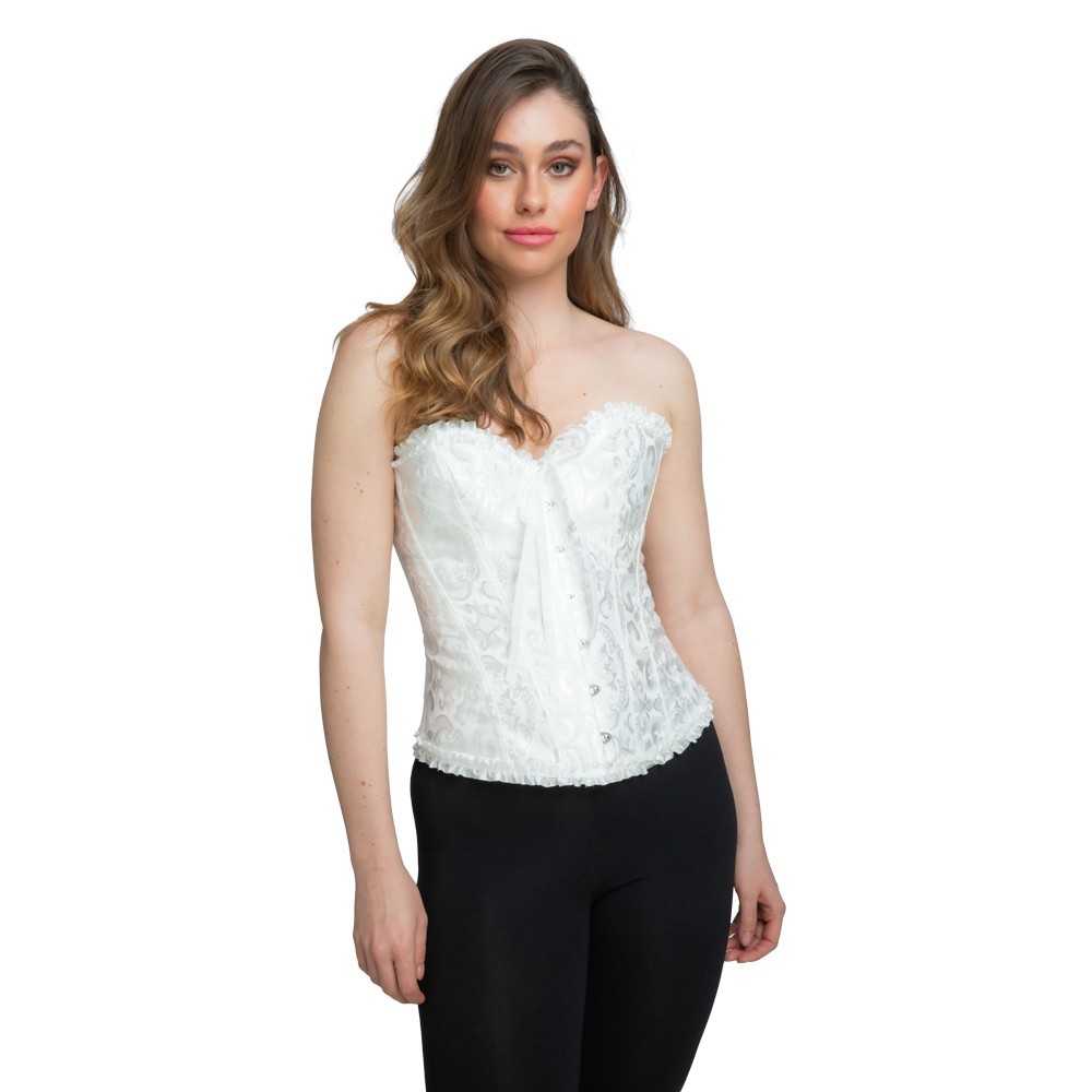 White Deluxe Satin Corset Burlesque Fancy Dress Costume Basque Lace Up New  XS-XL