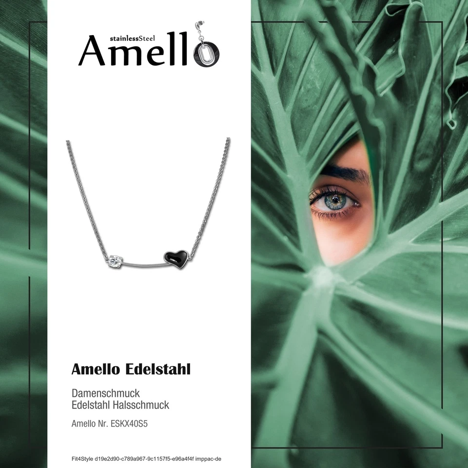Amello Collana Cuore Argento Nero Gioiello 50cm Acciaio Inox Ceramica ESKX40S5 - Immagine 2 di 4