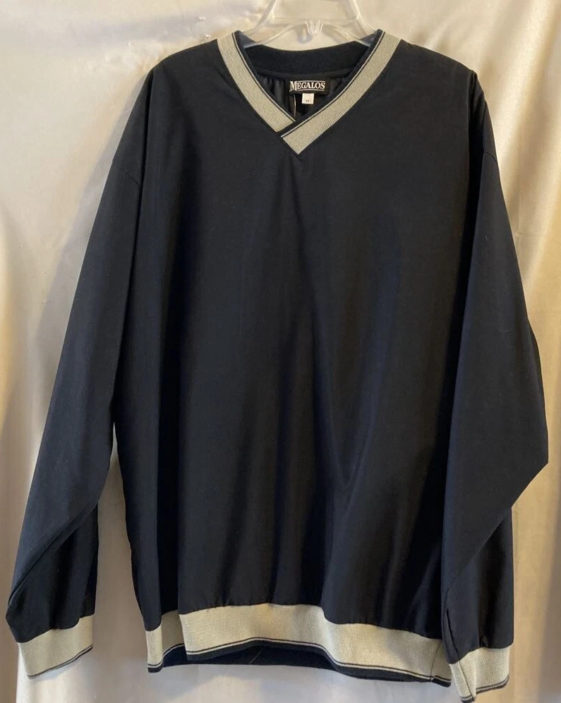 Megalos Mens Windbreaker Jacket Black White Long Sleeve V Neck Sz Large Tall New