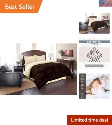 Silky Soft Reversible Comforter Set - All-Season King Size, Brown/Cream Elegance