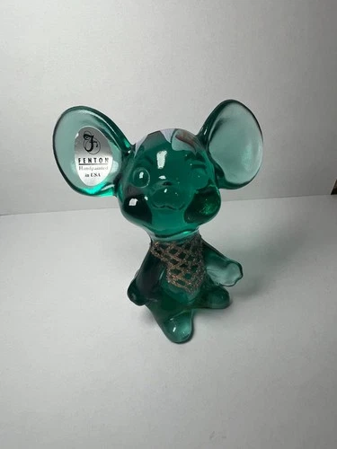 Fenton Green Emerald Glass Mouse Figurine 3" Hand Painted Signed