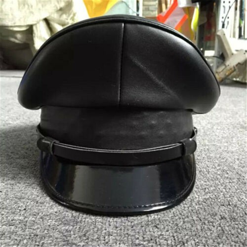 Mens Faux Leather Black Police Gay Military Army Muir Biker Peaked Caps Hat - Picture 13 of 14