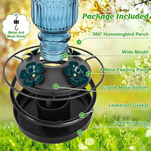 Glass Hummingbird Feeder for Outdoors Hanging, 16 OZ Humming Birds Feeders with - Picture 5 of 6