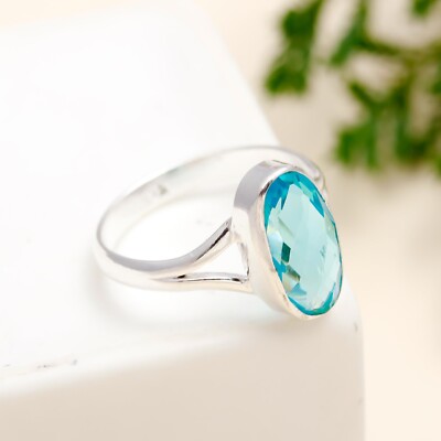 Blue Topaz Gemstone Handmade 925 Sterling Silver Elegant Cocktail Ring -All Size