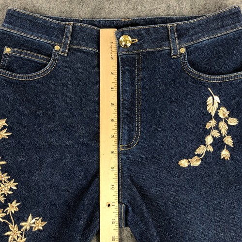 Escada Jeans 40 (US Size 10) Blue Straight Leg High Rise Gold Roses Rhinestones - Picture 13 of 16