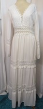 Sunkin Arco Elegant Deep V Neck & Back Lace Long Sleeve Boho White Maxi Dress M