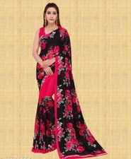 Women's Fancy Georgette Printed Pink Black Sari Saree with Blouse Pc Multi Col