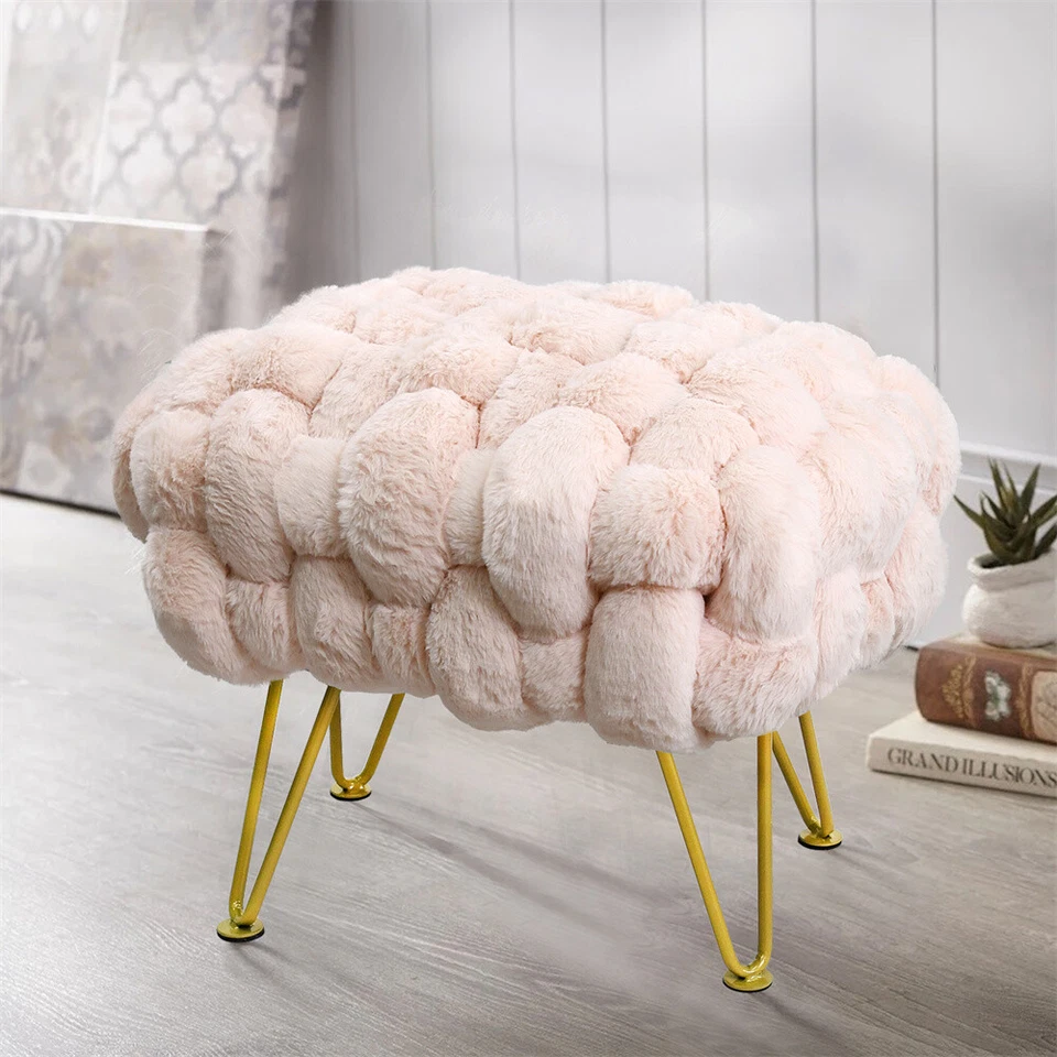 Handwoven Plush Faux Fur Vanity Stool Soft Ottoman Makeup Footrest w/ Metal Legs - Image 2 of 4