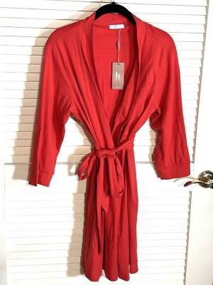 HOTOUCH Classic Robe Coral Red Women Size Medium Attached Belt Pockets NEW