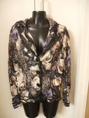 Alberto Makali Jacket Ruffled Animal Cheetah Floral Snap Front Big Buttons Large
