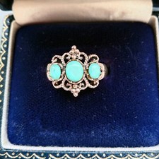 3 Turquoise Stone Vintage Ring, Sterling Silver Filigree Band Size 7