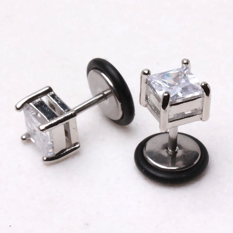 PAR de tapones de piedra de circonio cúbico de forma cuadrada de acero quirúrgico falsos de 1,2 mm x 6 mm Foto 2 de 4