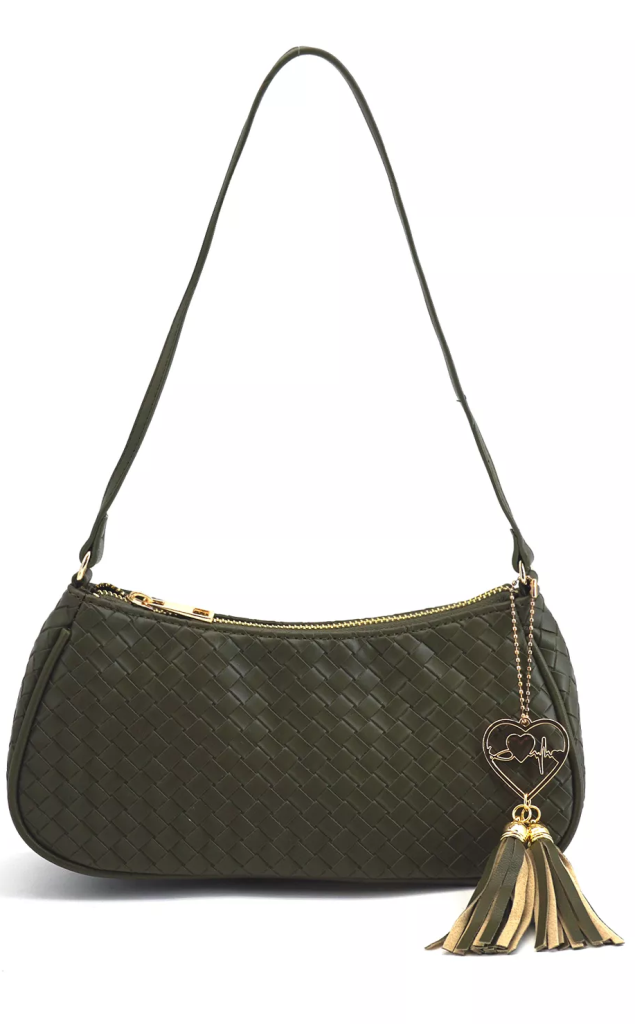 LIKE DREAMS Ash Heart Tassel Woven Shoulder Olive Green Gold