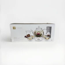 Teabloom Celebration Blooming Tea Set – Glass Teapot, Warmer, 4 Cups, New