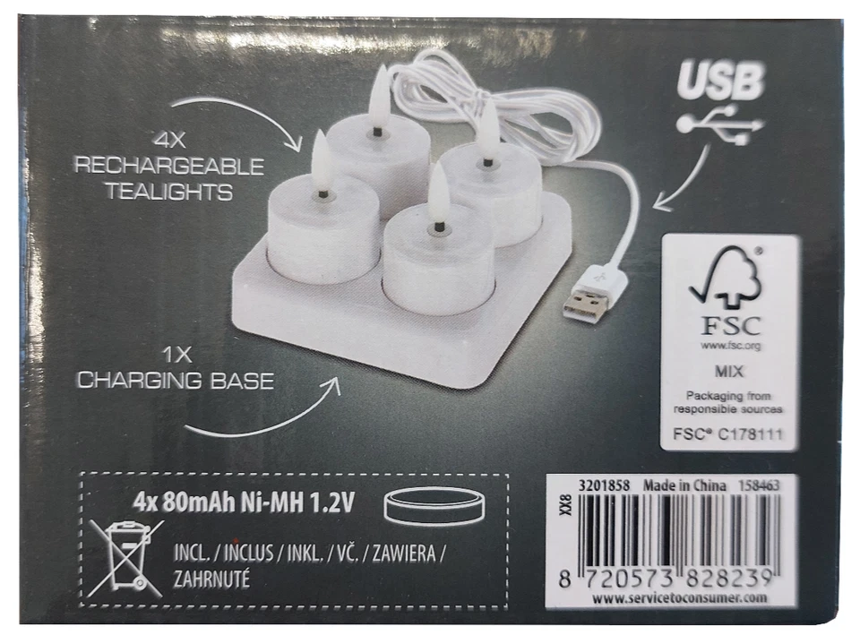 LED Teelichter 4 Stück warmweiß flackernd aufladbar USB Ladestation flammenlos - Bild 4 von 4