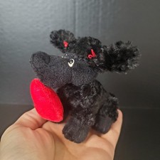 Russ Tiny Black Poodle 4"  Mini Plush Holding Stuffed Red Bows, Heart In Mouth