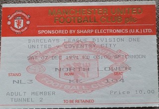 Manchester United V Coventry City Ticket 1991 92
