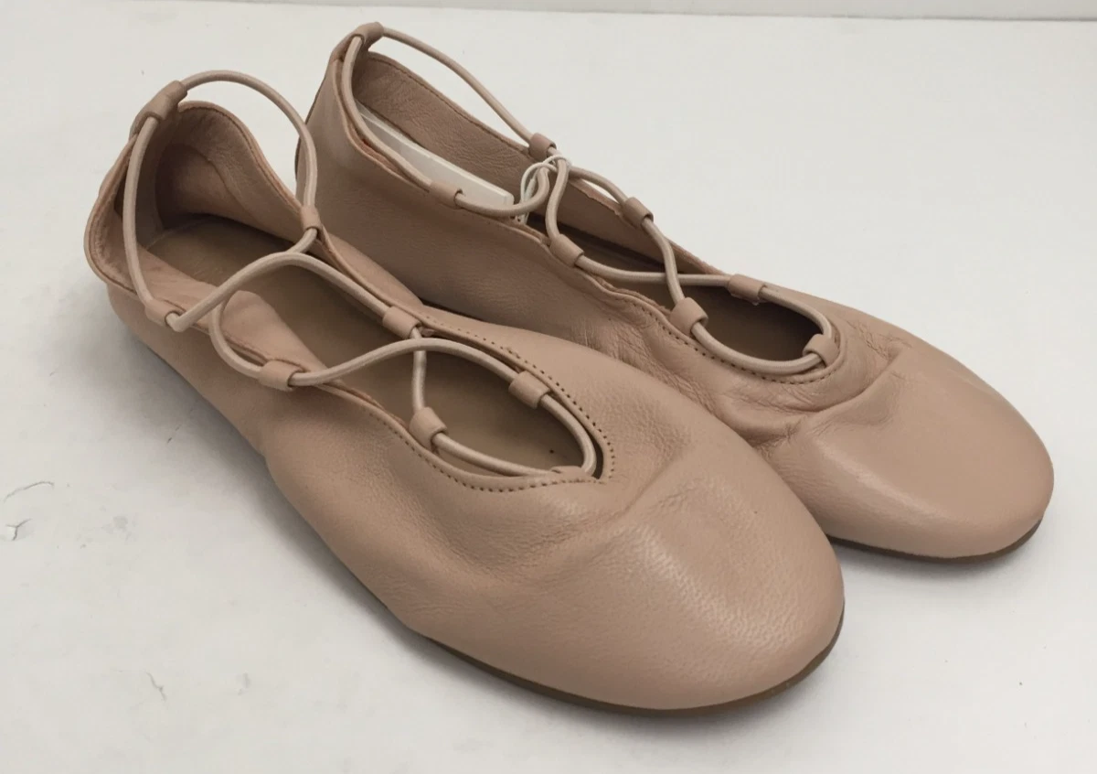 M&S Women's Pump Flats Pink Leather Upper Lace Detail Round Toes Slip On New