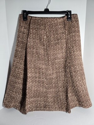 Zara Basic Brown Tweed Pleat A-line Panel Skirt Wool Blend Spain